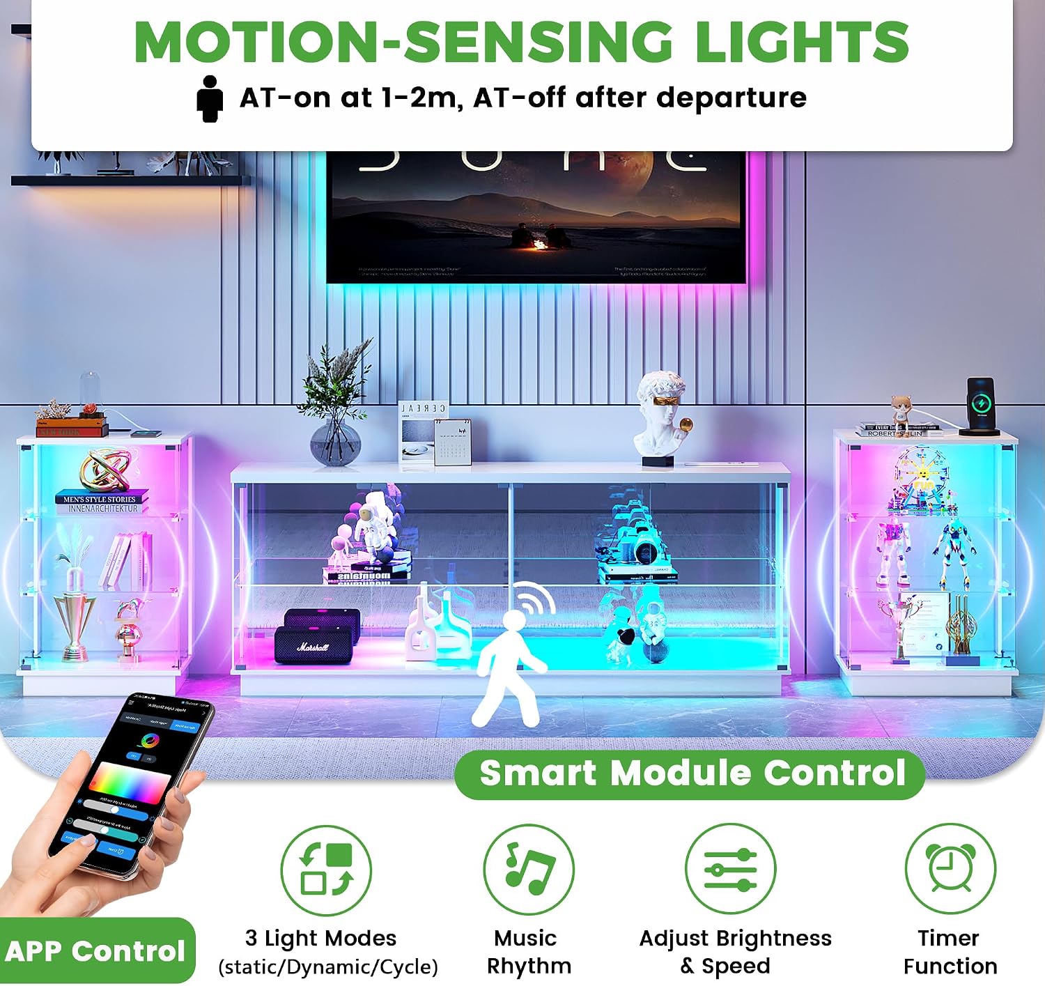 HNEBC LED Nightstand with USB-C Charging Station&Lights for Bedroom-White | Curio china Cabinet, Motion Sensor Smart Glass RGB Side Table with App Control, Charging Station Tempered Glass Collectiblem