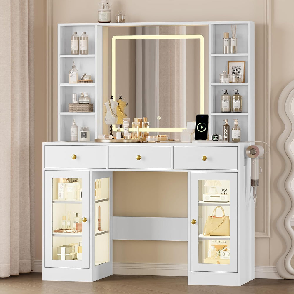 Makeup Vanity Desk with Mirror and Lights, 43" White Vanity with Glass T...