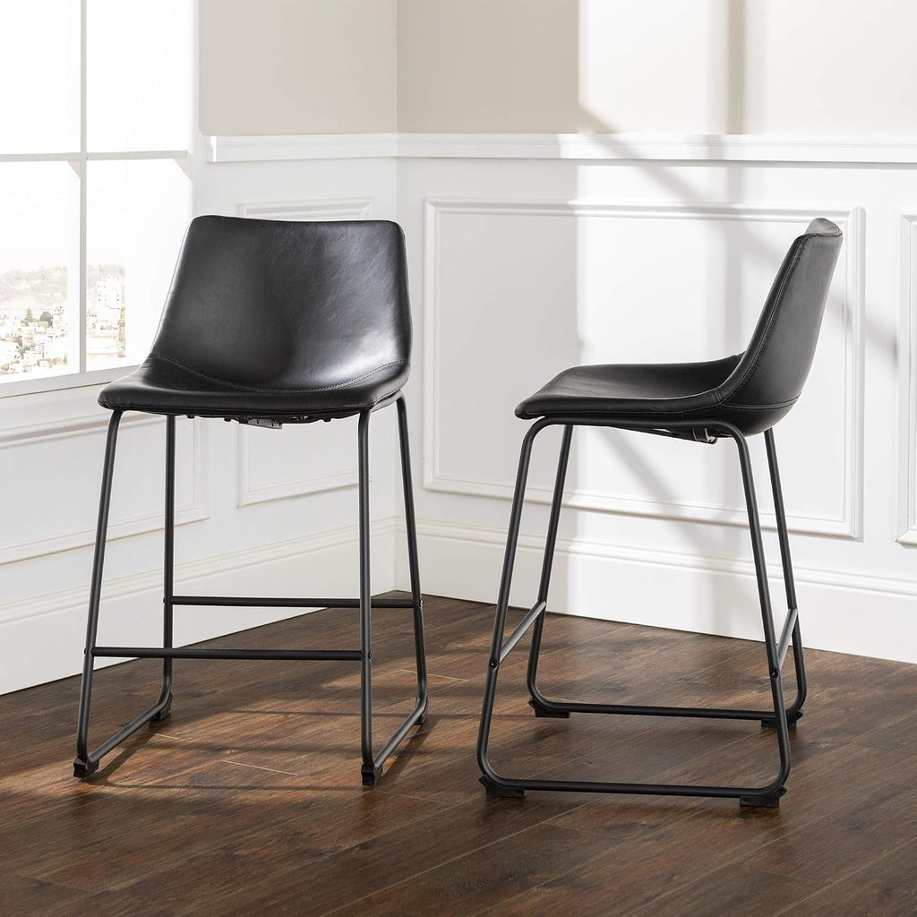 Walker Edison Douglas Urban Industrial Faux Leather Armless Counter Chairs, Set of 2, Black, 20"D x 18.5"W x 34.5"H