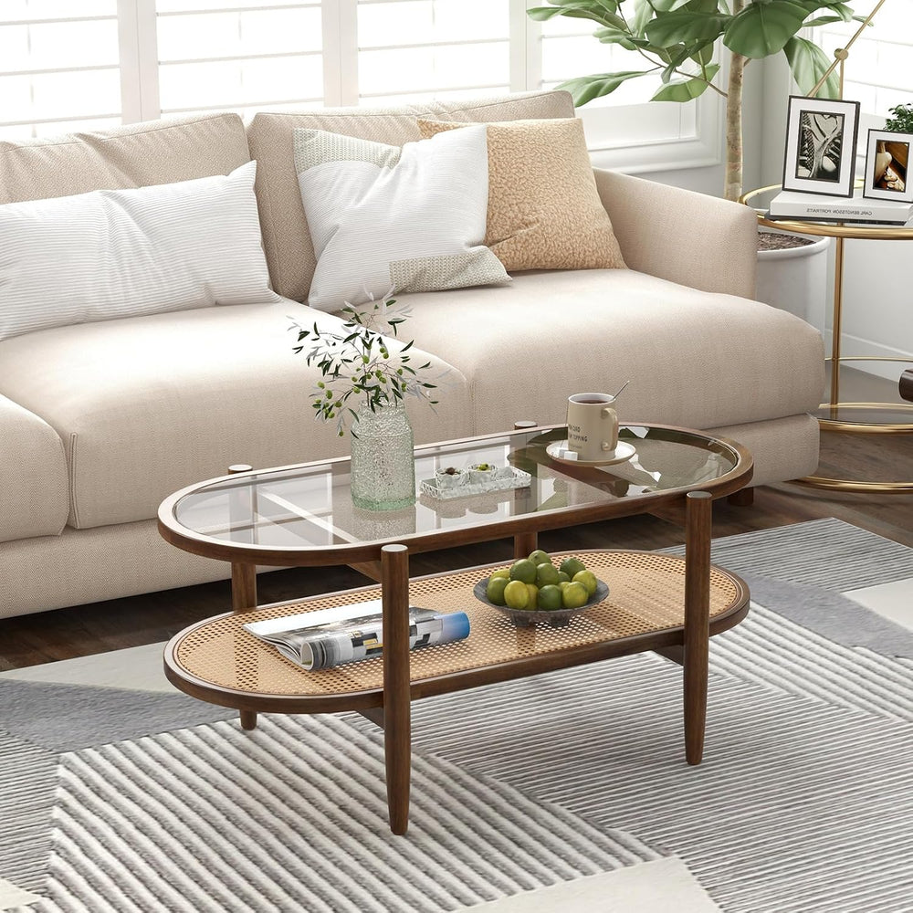 Tangkula Rattan Coffee Table, 40”L Boho Oval Acacia Wood Cocktail Table with ...