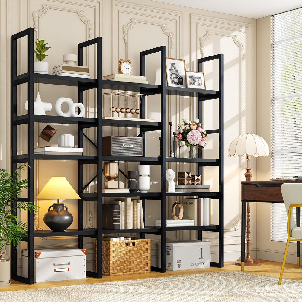 Large Bookshelf 5 Tiers, Triple Wide Geometric Bookcase, 71 Inches Tall Indus...