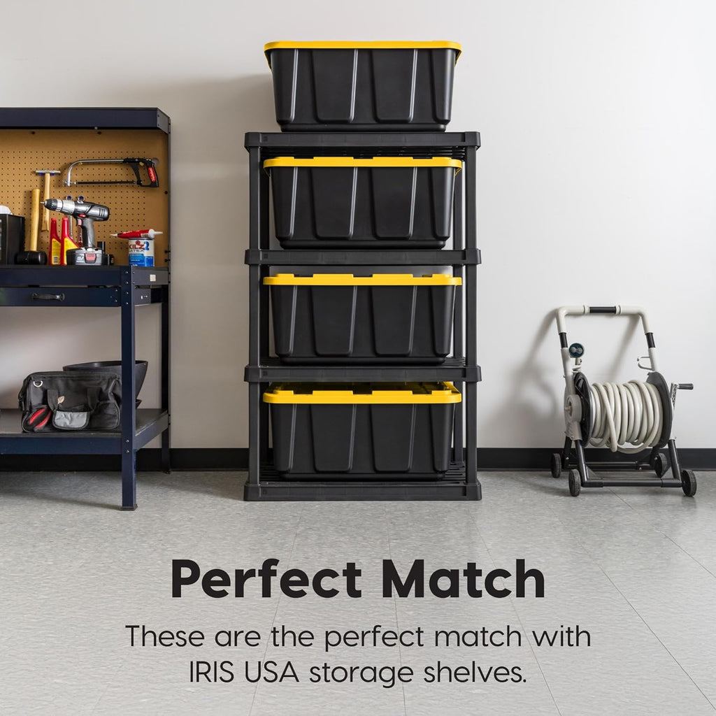 IRIS USA 27 Gallon Heavy Duty Truck Bed Toolbox Storage Tote Bins with Lids, 4 Pack - Made in USA, Tough Snap On Lockable Lid Stackable Industrial Tubs, Garage Organization Reusable Box - Black/Yellow