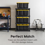 IRIS USA 27 Gallon Heavy Duty Truck Bed Toolbox Storage Tote Bins with Lids, 4 Pack - Made in USA, Tough Snap On Lockable Lid Stackable Industrial Tubs, Garage Organization Reusable Box - Black/Yellow