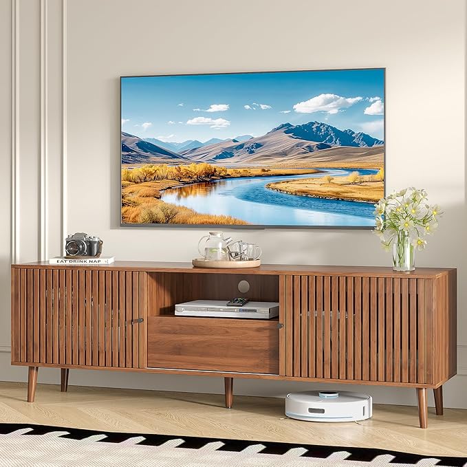 Mid Century Modern TV Stand for Televisions up to 70 Inches, with Sliding Doors and Storage, Television Stands, TV Consoles, Media Consoles for Living Room(Walnut-70inch)