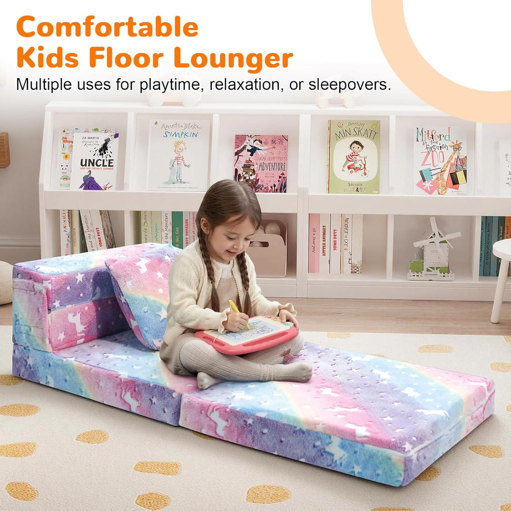 MeMoreCool Glow Rainbow Unicorn Tri-fold Sofa Bed for Kids, Foldable Futon Mattress, Chair, and Floor Couch for Playroom