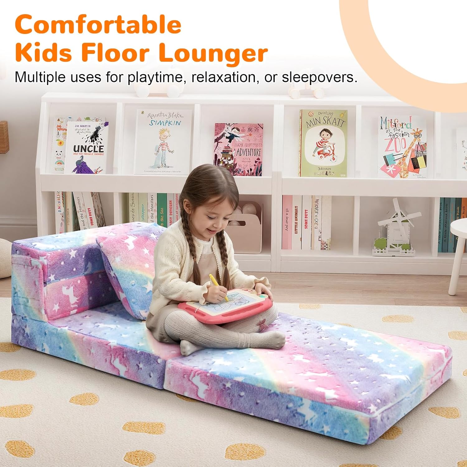 MeMoreCool Glow Rainbow Unicorn Tri-fold Sofa Bed for Kids, Foldable Futon Mattress, Chair, and Floor Couch for Playroom