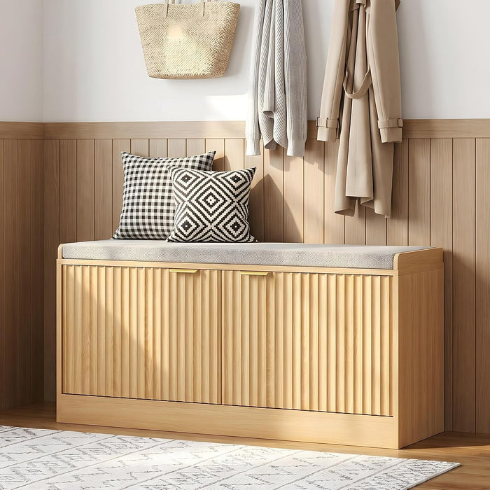 Fluted Shoe Storage Bench with Cushion, 2-Tier Entryway Shoe Bench with Adjustable Shelves, Hidden Shoe Cabinet Bench with 2 Doors for Hallway, Living Room, Bedroom End of Bed,Natural Oak