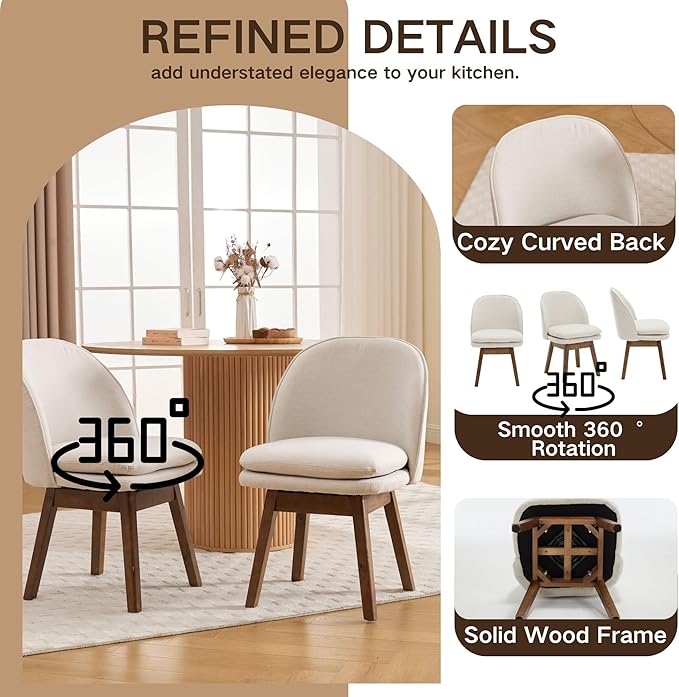 Upholstered Dining Chairs Set of 2, Modern Linen Fabric Dining Room Chairs with Solid Wood Legs & Double-Padded Seat, Swivel Accent Desk Chair for Kitchen Dining Room Restaurant - Beige