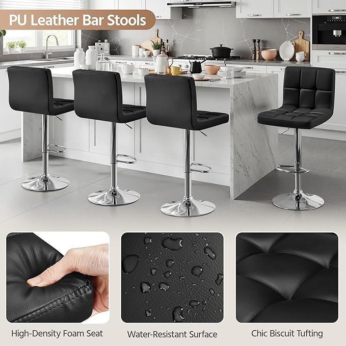 Yaheetech Bar Stools Set of 3, Adjustable PU Leather Swivel Barstools, Modern...
