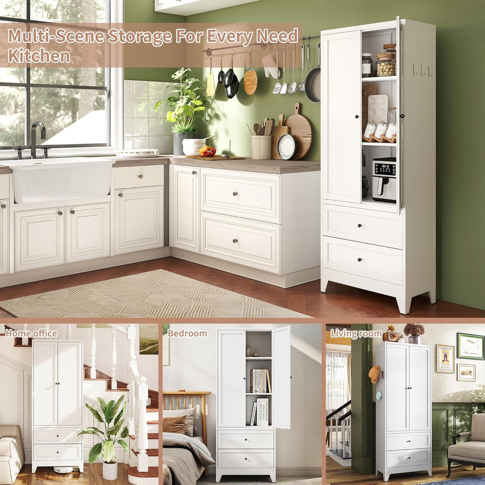 72" Tall Kitchen Pantry Cabinet, White Cabinets with 2 Drawers & Adj...