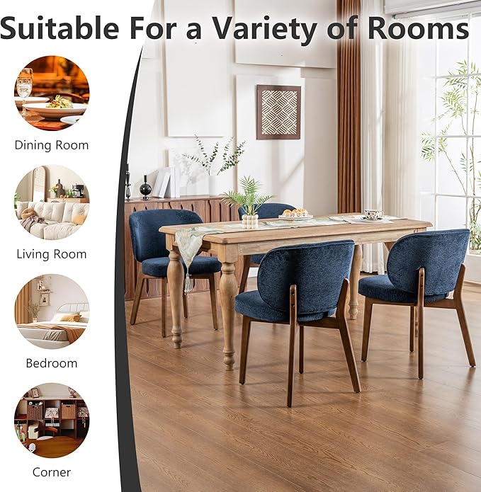 YOUNIKE Dining Chairs Set of 3 Mid Century Modern Kitchen Chair with Back Boucle Fabric Upholstered Armless Chair 20" Wide Padded Seat with Wooden Legs for Kitchen Dining Living Room Bedroom Navy Blue