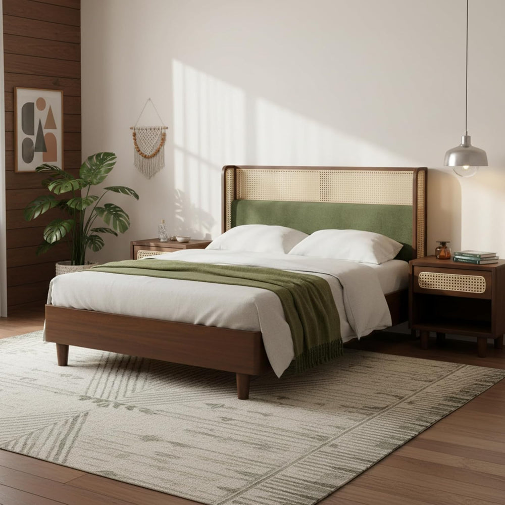 Merax Classic Retro Queen Platform Bed with Rattan Headboard, Wood Bed Frame ...