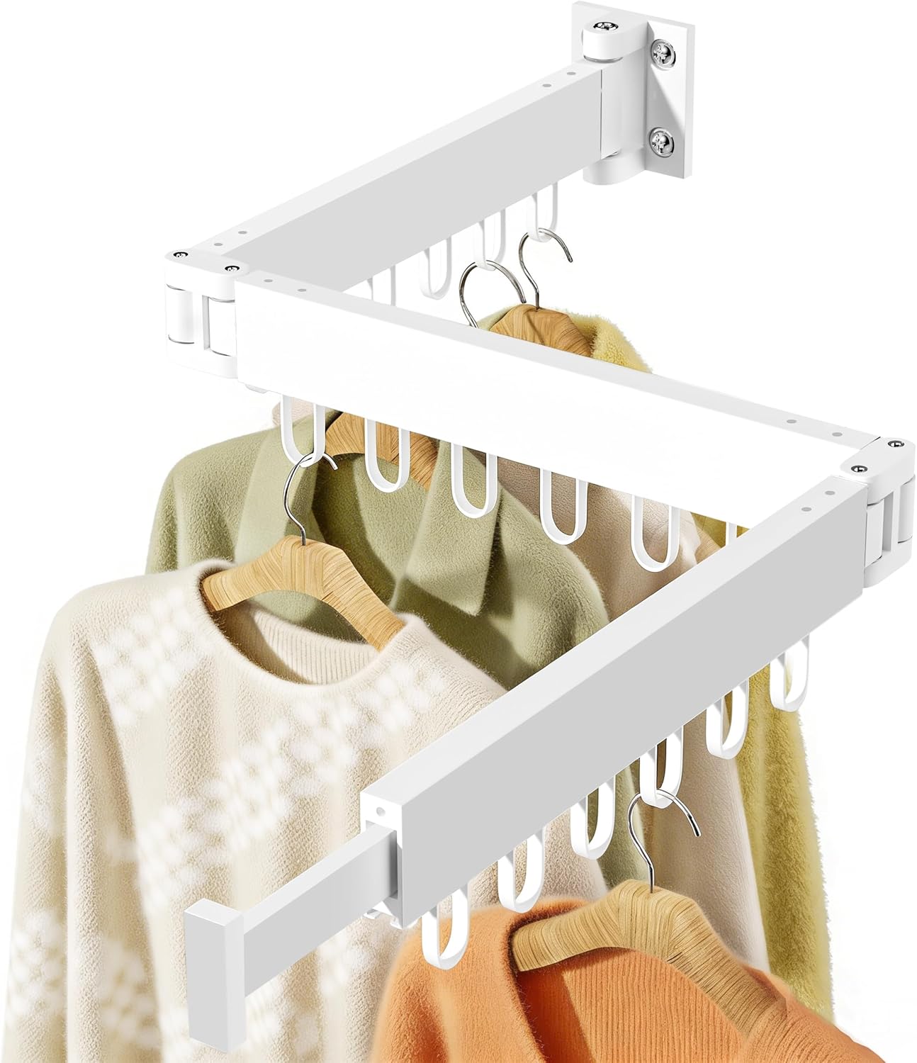 JAUREE Clothes Drying Rack Wall Mounted, Space-Saving Drying Rack Clothing, Collapsible Foldable Retractable Laundry Rack with 18 Hooks, Indoor/Outdoor, White