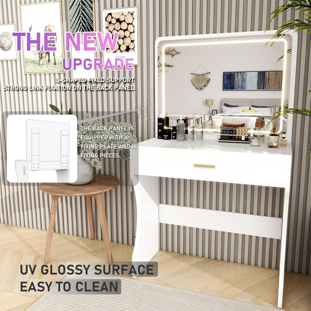 Vanity Desk, Makeup Vanity with LED Light Mirror, Small White Vanity with a S...