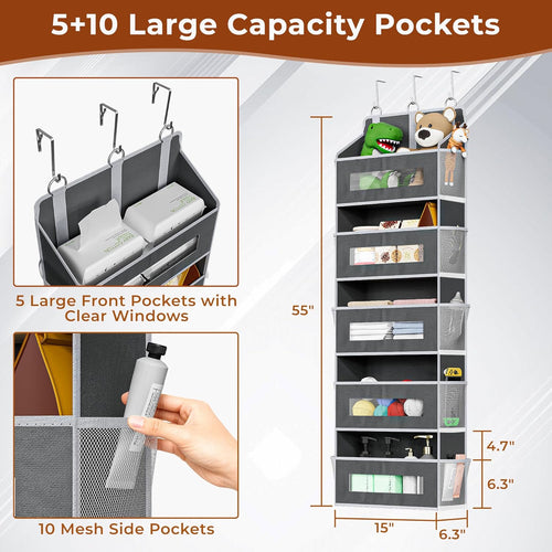 2 Packs 5-Tier Over the Door Organizer with 10 Side Mesh Pockets, 48 lbs Load Capacity, 3 Hooks Design, Hanging Storage Organizer with Clear Windows for Bathroom, Bedroom, Nursery, Kitchen-Grey