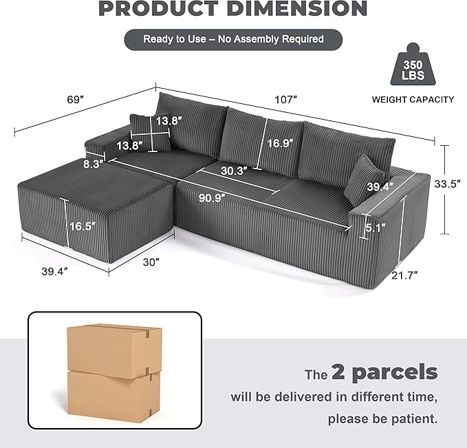 107" Modular Sectional Sofa, L-Shaped Boneless Couch with Deep Seat, Cozy Cloud Couch Sectional with Convertible Ottoman, Modern Sectional Couches for Living Room, No Assembly, Darkgray