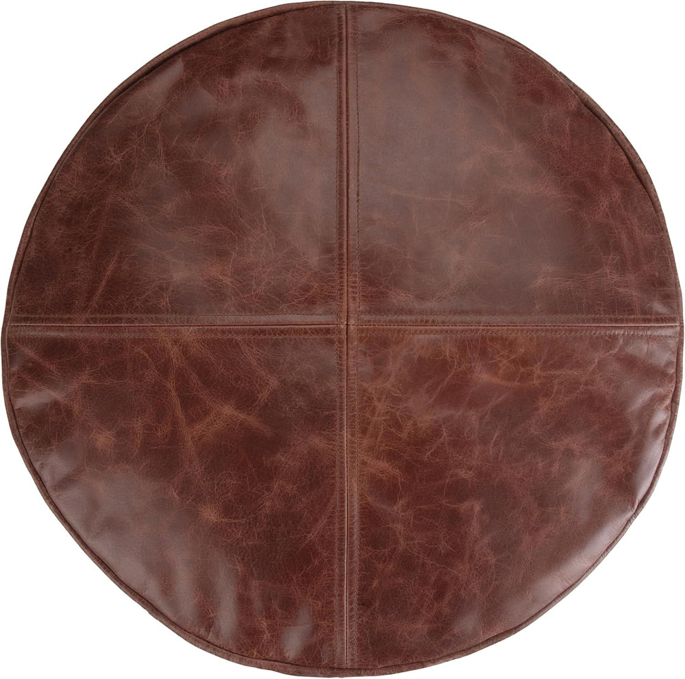 SIMPLIHOME Connor 18" Wide Round Pouf in Distressed Brown Genuine Leathe...