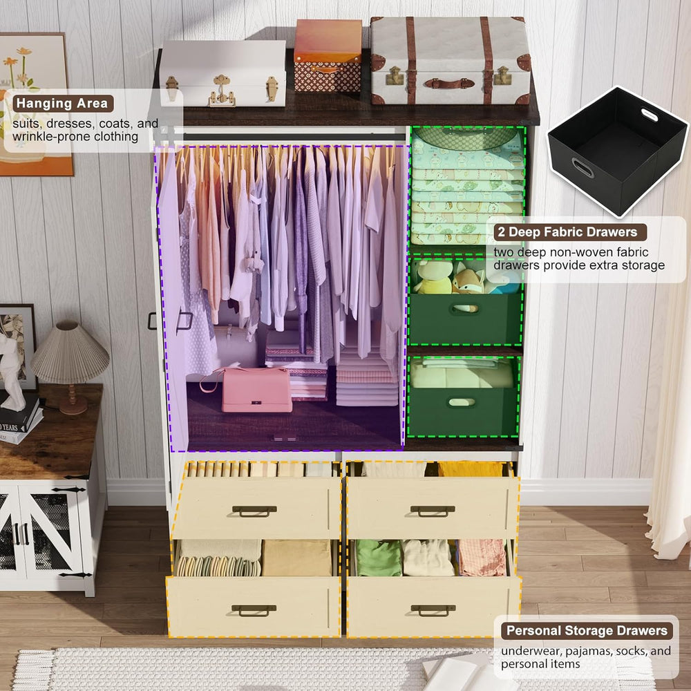 Farmhouse 3 Doors Armoire Wardrobe Closet w/Folding Sliding Barn Door and Lig...