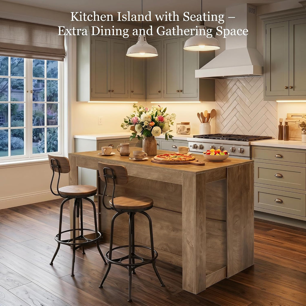 Tribesigns 55" Kitchen Island with Seating and Storage, Farmhouse Stationary Center Island Table with Spacious Worktop, 2-Tier Counter Height Table with Shelves for Dining Room, Kitchen, Brown