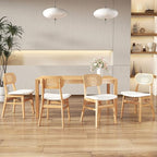 Rattan Dining Chairs Set of 4 White Faux Leather Dining Room Chairs Natural Wooden Kitchen Chairs Farmhouse Side Chairs