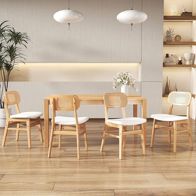 Rattan Dining Chairs Set of 4 White Faux Leather Dining Room Chairs Natural Wooden Kitchen Chairs Farmhouse Side Chairs