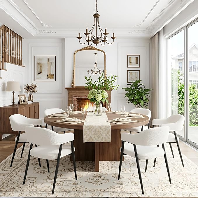 HNY Modern Dining Room Arm Chairs Set of 6, Faux Sherpa Boucle Upholstered Barrel Dining Chairs with Arms Mid-Century White Accent Chair with Metal Legs, Open-Back Kitchen Side Chair for Living Room