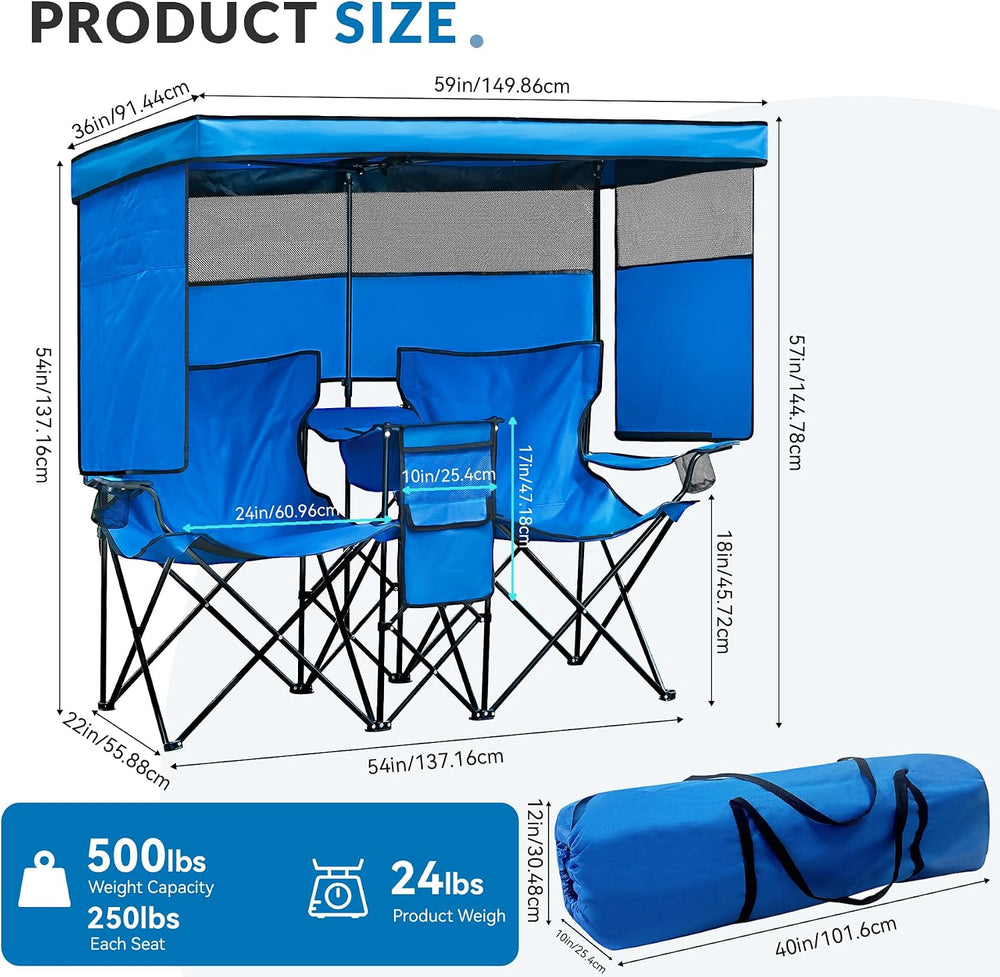Double Beach Chair with Canopy Shade Oversized Camping Chairs with Canopy, Co...
