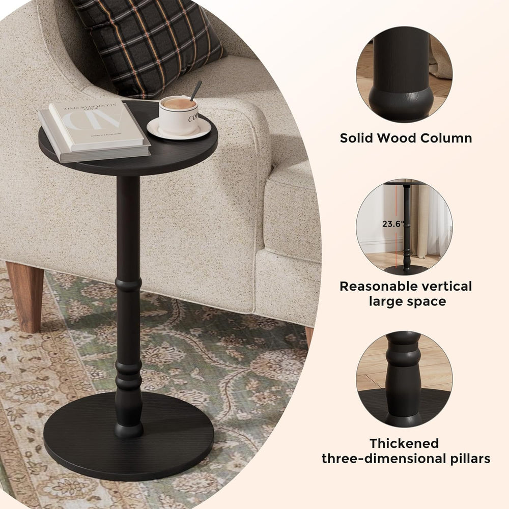 Homleke 12" Round Side Table, Solid Wood Pillar with Wood Top & Base...