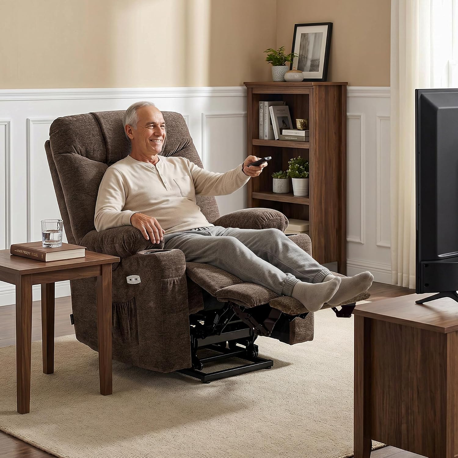 MCombo Power Lift Recliner Chair for Elderly, Fabric 7283 (Brown, Large) | Extra Extended Footrest, Cup Holders, USB Ports, Soft & Comfortable Fabric