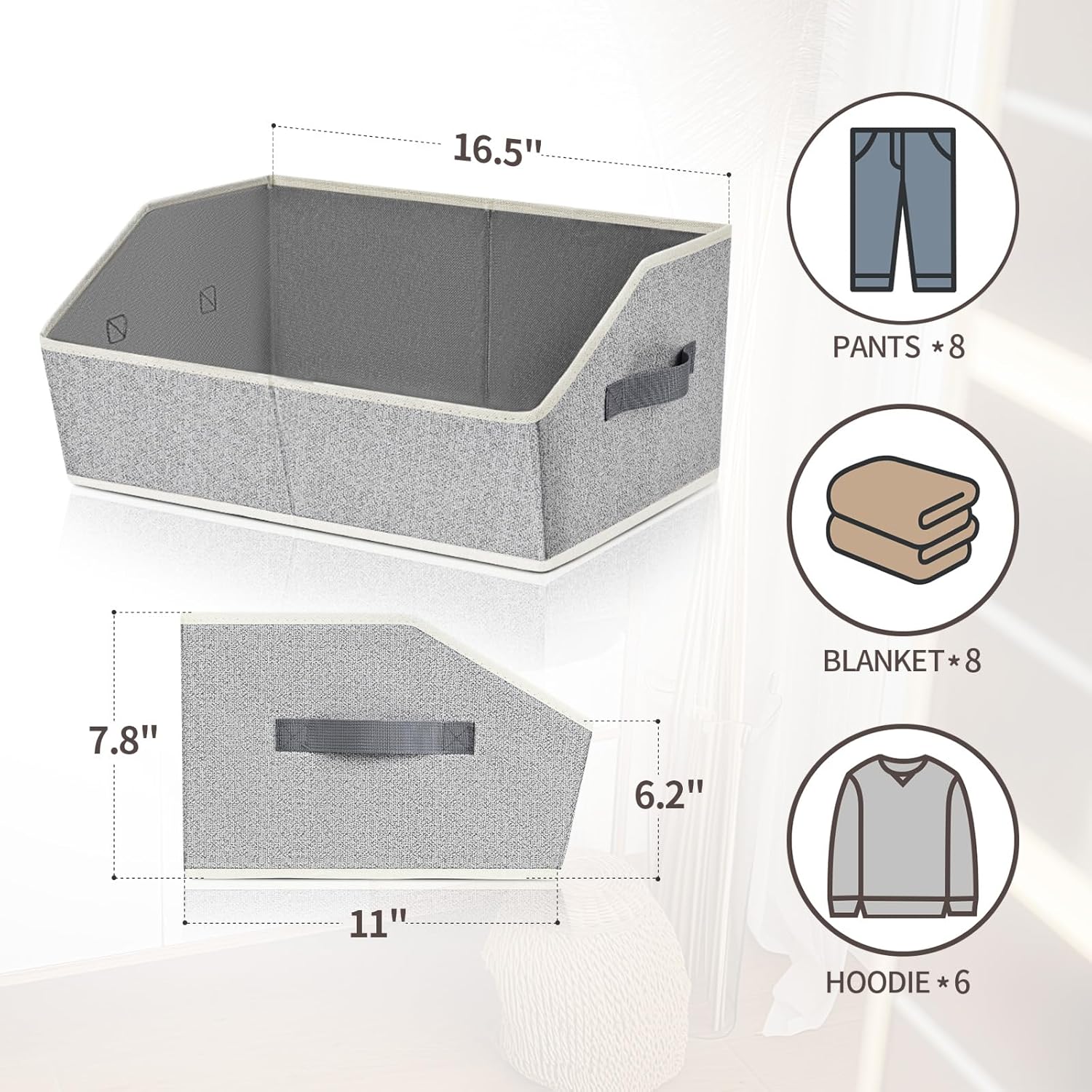 Trapezoid Closet Shelf Organizer - Large Baskets for Organizing, Storage Baskets for Shelves, Cubbies Storage Bins for Clothes, Books, Blankets, 4 Pack, Light Gray