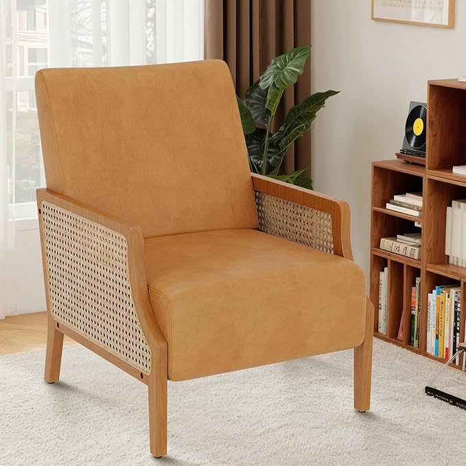 WENTMENT Modern Accent Chair, Armchair with Natural Rattan Armrest, Upholstered Living Room Chair Comfy Single Sofa Chair for Hosting Room/Bedroom, Brown