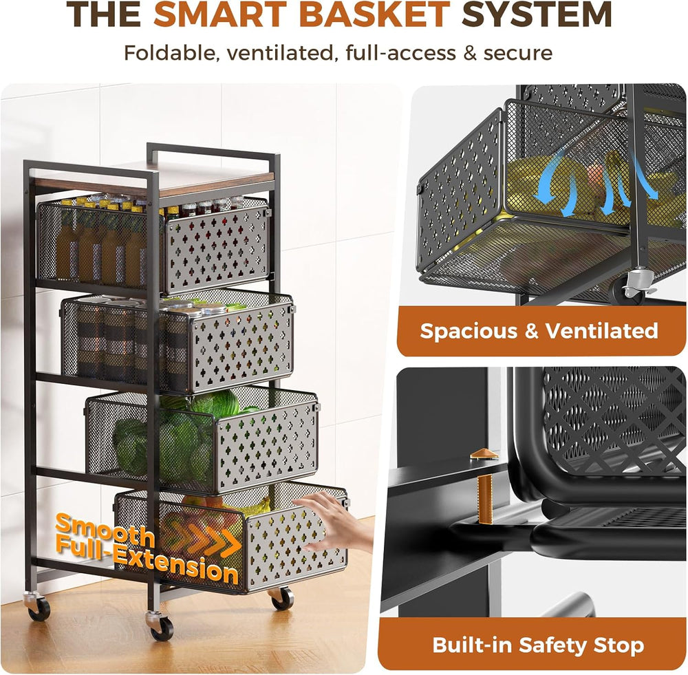 5 Tier Kitchen Storage Cart with Wheels, Utility Fruit Vegetable Storage Rack...