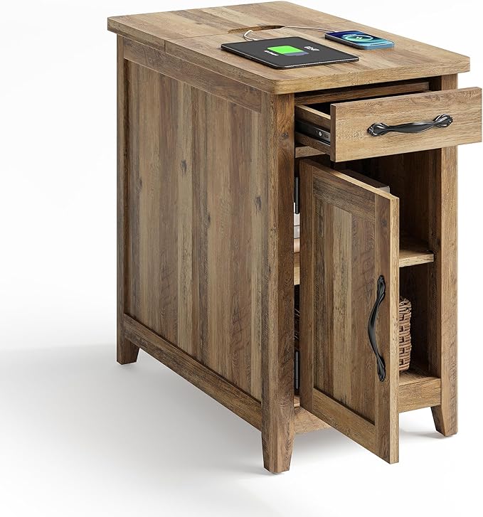 LINSY HOME Farmhouse End Table with Charging Station, Narrow Side Table for L...