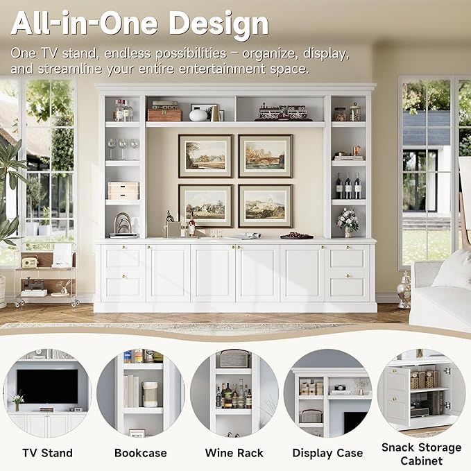 Marzzi Wall Unit TV Stand TVs up to 70", Modern Entertainment Center with 6 Doors Storage Cabinets, Bridge and Bookshelves, Large Media Console, Adjustable Shelves, Painted Finish
