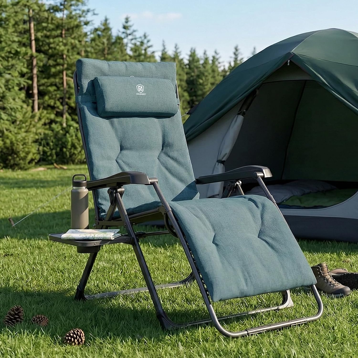 EVER ADVANCED Aluminum Zero Gravity Chair, 2.4" Padded, 350 lb Capacity | Oversized Reclining Lounge Chair with Adjustable Headrest and Side Table, Foldable for Camping, Patio, Lawn and Indoor Use