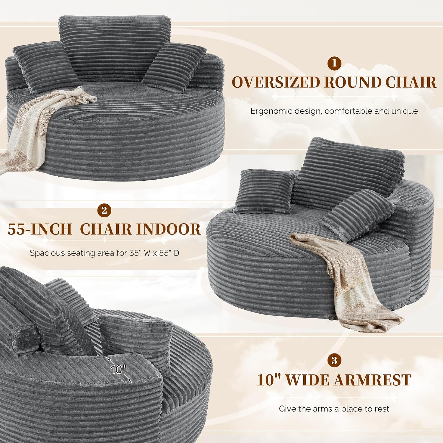 55''W 3.5CM Corduroy Single Foam Sofa, Oversized Round Chair with Pillows, Modern Sleeper for Living Rooms, Lounges, Nurseries and Projection Rooms, Wide-Arm Lounge Chair Armchair, Dark Grey