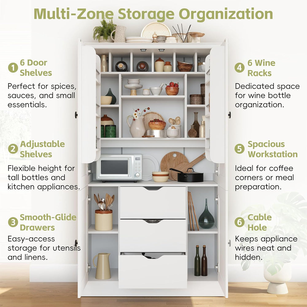 70.9" Tall Kitchen Pantry Cabinet with 4 Doors 3 Drawers 6 Wine Racks &a...
