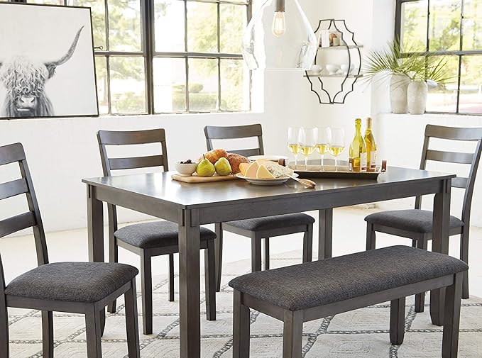 Signature Design by Ashley Bridson Dining Table Set For 6 With Bench, Wood 6‑Piece Kitchen Table And Chairs Set With Upholstered Seats, Transitional Charcoal Gray Dining Room Set For Family Meals
