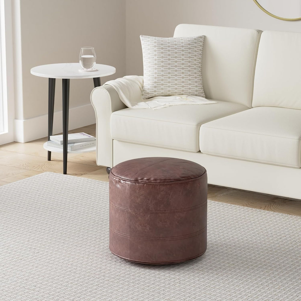 SIMPLIHOME Connor 18" Wide Round Pouf in Distressed Brown Genuine Leathe...