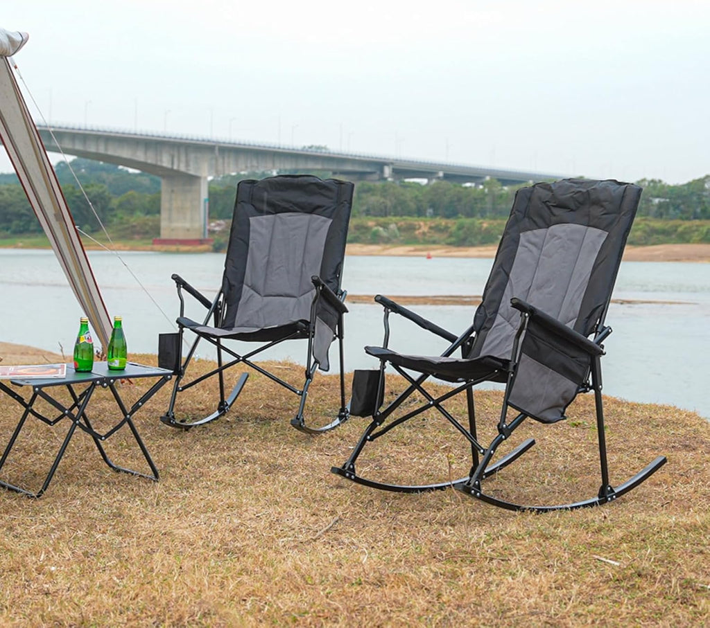 Romswi 2 Pack High Back Portable Rocking Chair with Hard Armrests, Oversized Folding Rocker Camping Chairs for Outdoor, Heavy Duty 400 lbs Patio Lawn Chairs