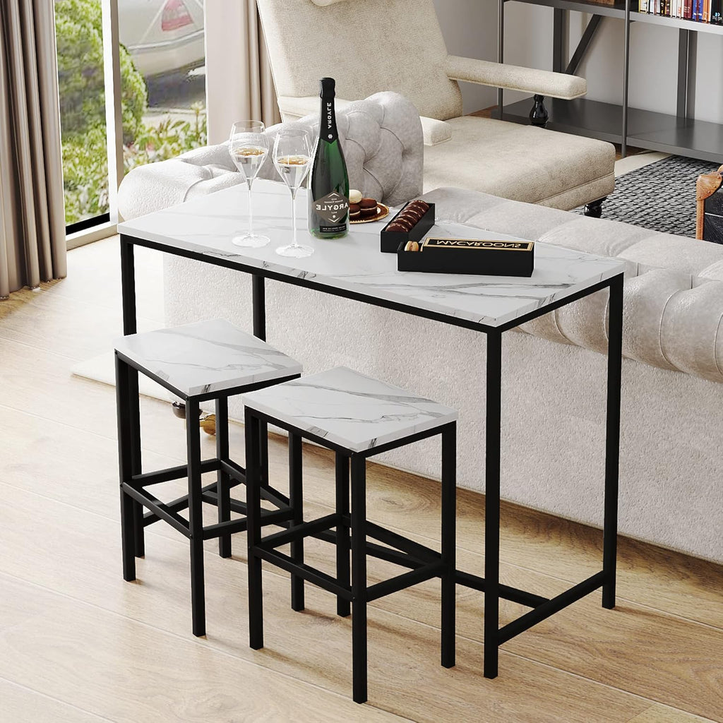 Yongchuang 3 Piece Bar Table Set, White Bar Table and Chairs Set for 2, Modern Counter Height Bar Table with 2 Stools for Kitchen, Dining Room High Top Breakfast Table Faux Marble Wood Top