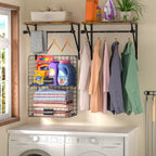 Laundry Room Shelves Wall Mounted with Wire Baskets, Over the Washer and Dryer Shelf with Clothes Drying Rack, Wire Shelves Baskets for Laundry Closet Organization and Storage, Wood+Metal, Black