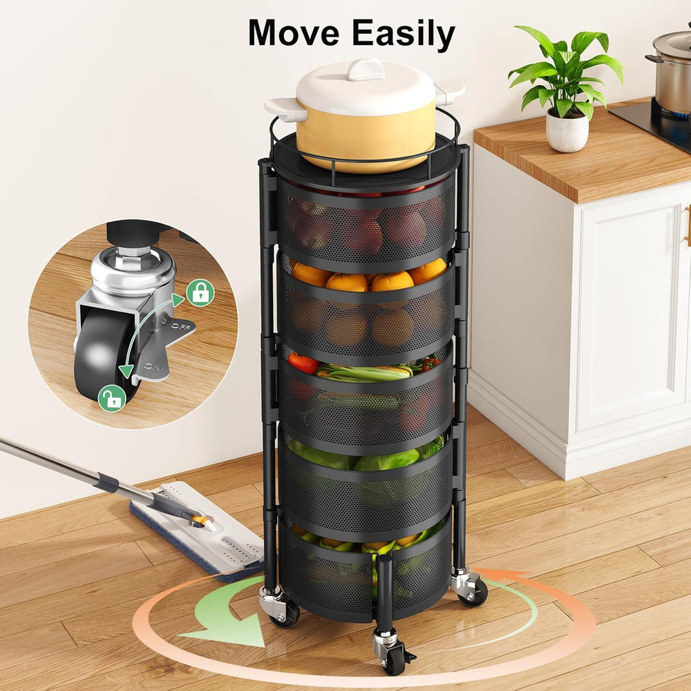 SAYZH 5 Tier Fruit Vegetable Basket Stand for Kitchen, Rotating, Black | Roll...