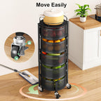 SAYZH Fruit Vegetable Basket for Kitchen, Rotating Storage Rack, 5 Tier Rolling Cart with top lid, Large Metal Wire Wheels, Black
