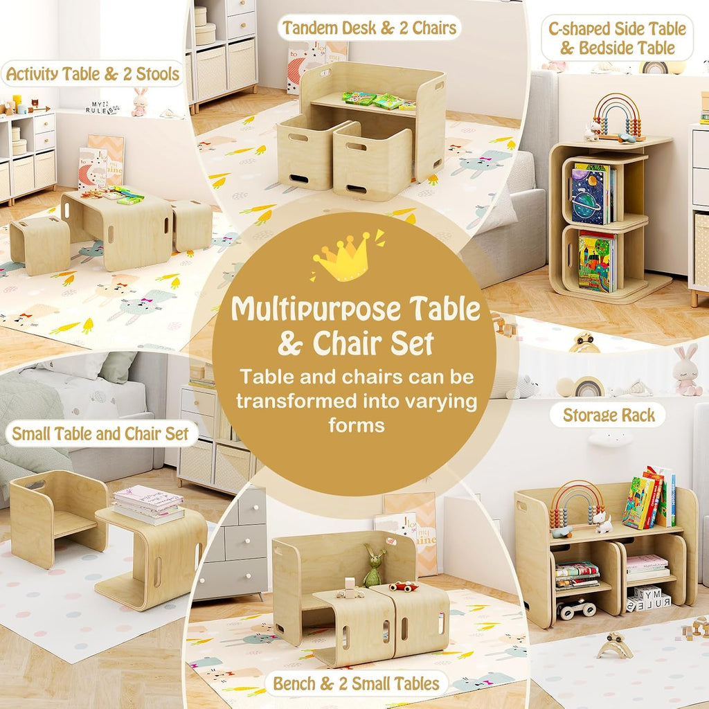 Costzon Kids Table and Chair Set, All in 1 Birch Wood Activity Table, Bench, Storage Shelves, Desk for Children Reading, Arts, Crafts, Snack Time, Fully Assembled, Toddler Table & Chair Set (Natural)