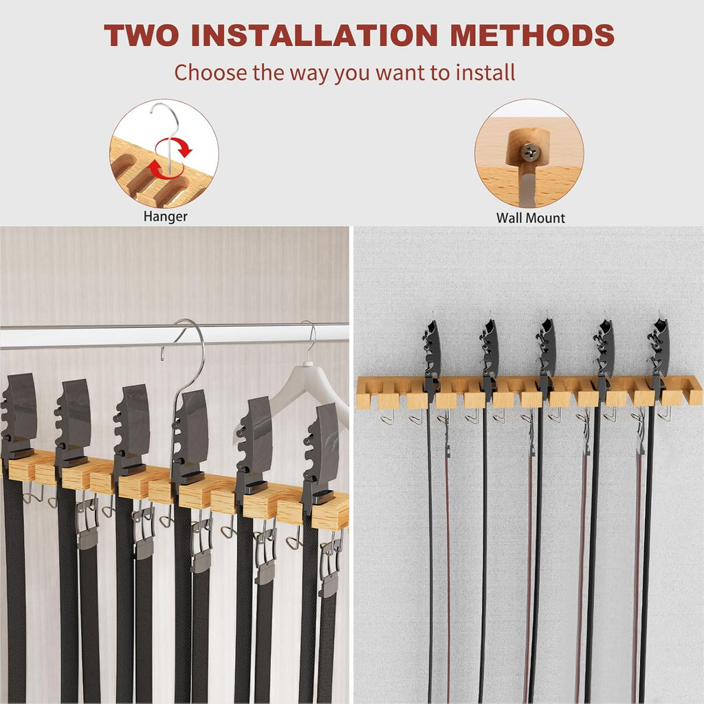 Belt Hanger for Closet Max 42 Belts, 2-in-1 Wall Mount Belt Organizer with 360° Rotating Hooks, Wooden Tie and Belt Rack for Closet Accessories Organizers and Storage, 12+11 Storage