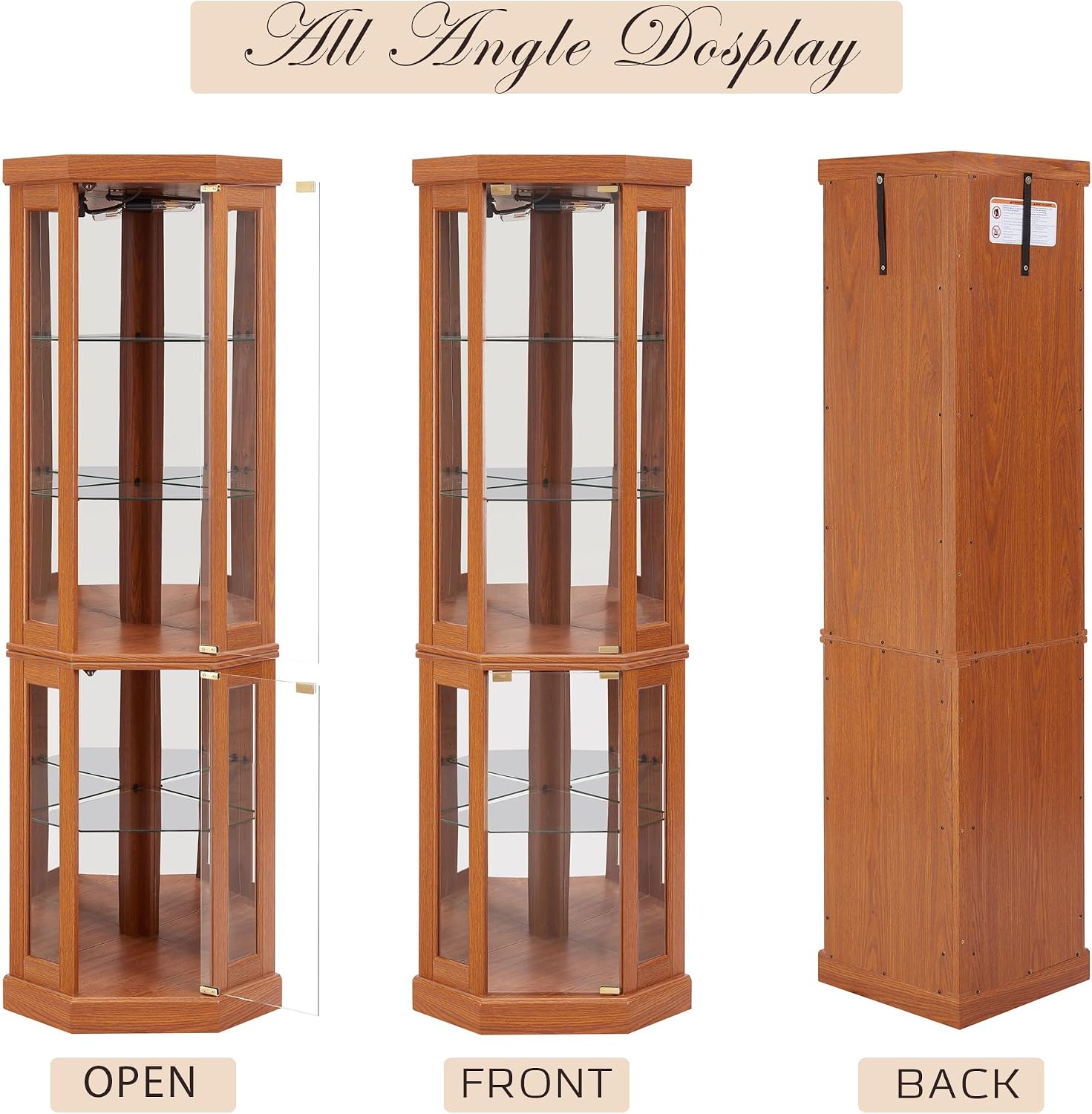 Corner Curio Cabinet, 70" H Lighted Glass Display Cage with Tempered Glass Doors and Adjustable Shelves, Bulb Inclued, Wine Bar China Cabinet for Living Room Liquor Storage (Dark Oak)