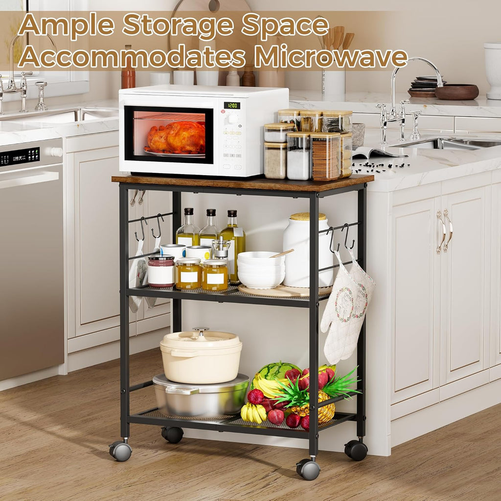 BEWISHOME 3-Tier Rolling Kitchen Microwave Cart, Small Microwave Stand | 4 Lockable Wheels, Hooks, Small Coffee Cart Shelf Rack Organizer for Kitchen, Living Room, Bathroom