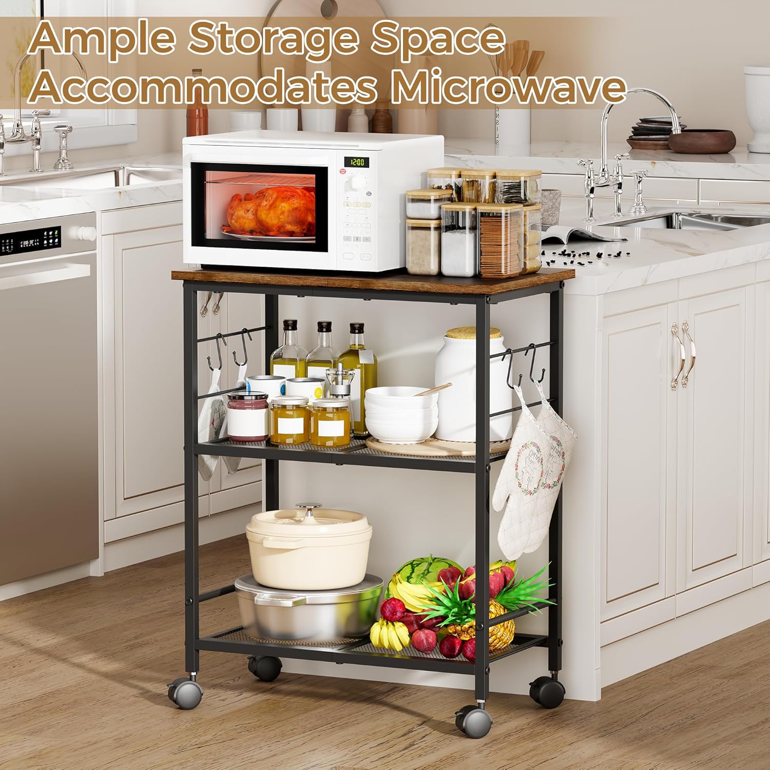 BEWISHOME 3-Tier Rolling Kitchen Microwave Cart, Small Microwave Stand | 4 Lockable Wheels, Hooks, Small Coffee Cart Shelf Rack Organizer for Kitchen, Living Room, Bathroom