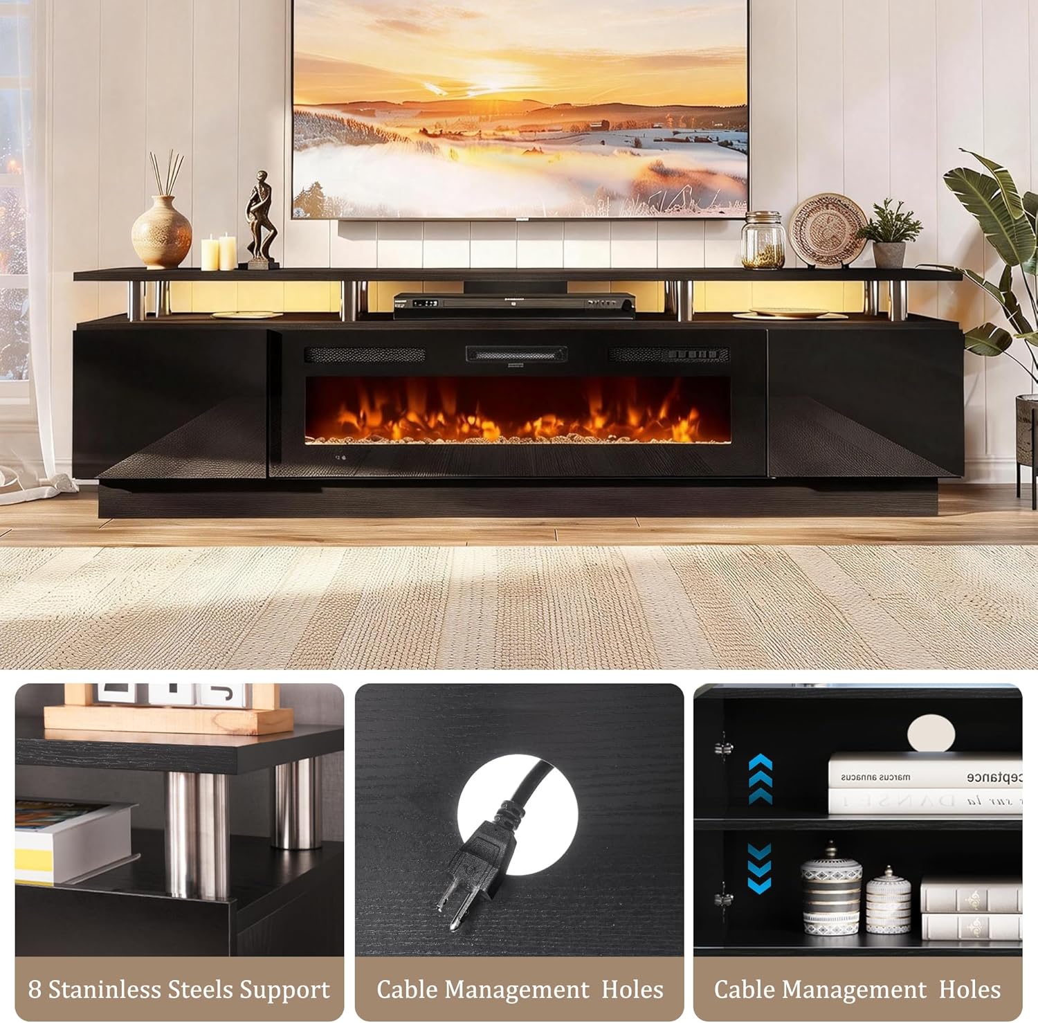 oneinmil 90'' Fireplace TV Stand with 50” Electric Fireplace, 2 Tier TV Console Stand for TVs Up to 100", LED Light Entertainment Center, Fireplace for The Living Room TV Stand, Black